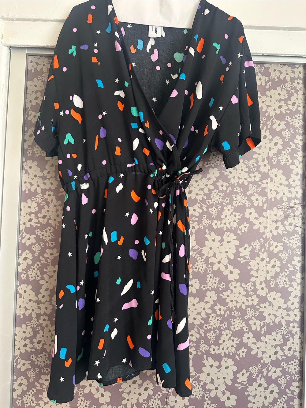 Black Multicolor Abstract Wrap Mini Dress